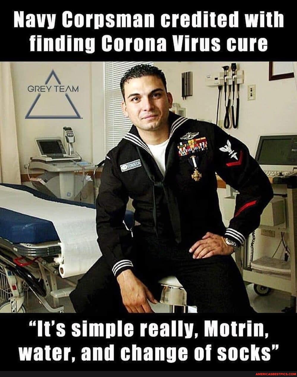 Navy Corpsman credited with
finding Corona Virus cure
GREY TEAM
Dy
"It's simple really, Motrin, water, and change of SOCKS