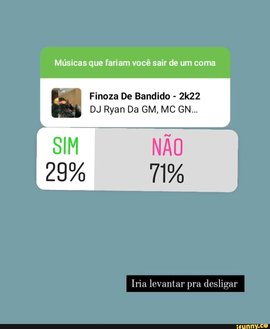 Músicas que fariam você sair de um coma
Finoza De Bandido - 2k22
I DJ Ryan Da GM, MC GN...
SIM NÃO
29% TI%
Iria levantar pra desligar