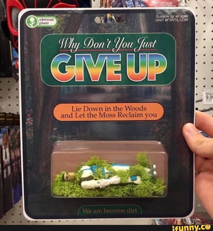 'Suitable for al'
You
Lie Down in the Woods
and Let the Moss Reclaim you