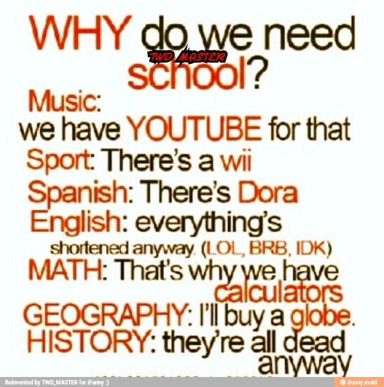 we
ye have
YOUTUBE for that
Sport There's a wi
Spanish: There's Dora
English: everything's
shortened anyway (LOL, BRB, IDK)
MATH: That's wh me ve
GEOGRAPHY: I'buy
a globe.
HISTORY: they're all dead