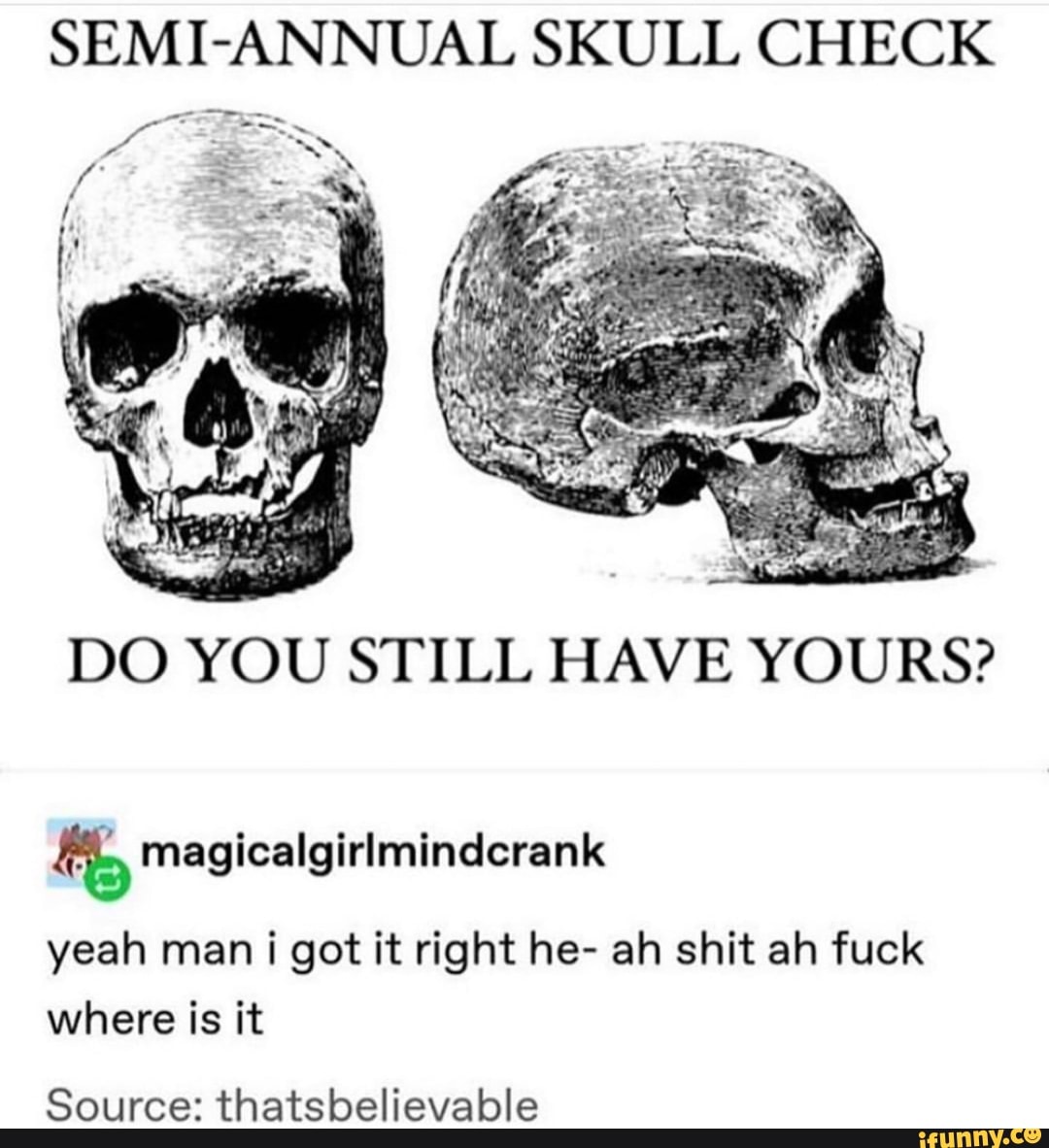 SEMI-ANNUAL SKULL CHECK
DO YOU STILL HAVE YOURS? magicalgirlmindcrank
yeah man i got it right he- ah shit ah fuck
where is it
Source: thatsbelievable
