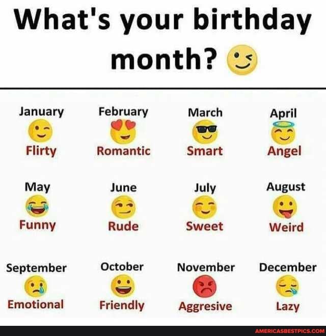 What's your birthday month?
January
Flirty
May
Funny
September
Emotional
February
Romantic
June
Rude
October
Friendly
March we
Smart
July
Sweet
November
Aggresive
April
Angel
August ww
Weird
December
cs
Lazy