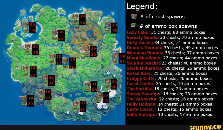 Legend of chest spawns of ammo box spawns Lazy Lake 31 chests; 88