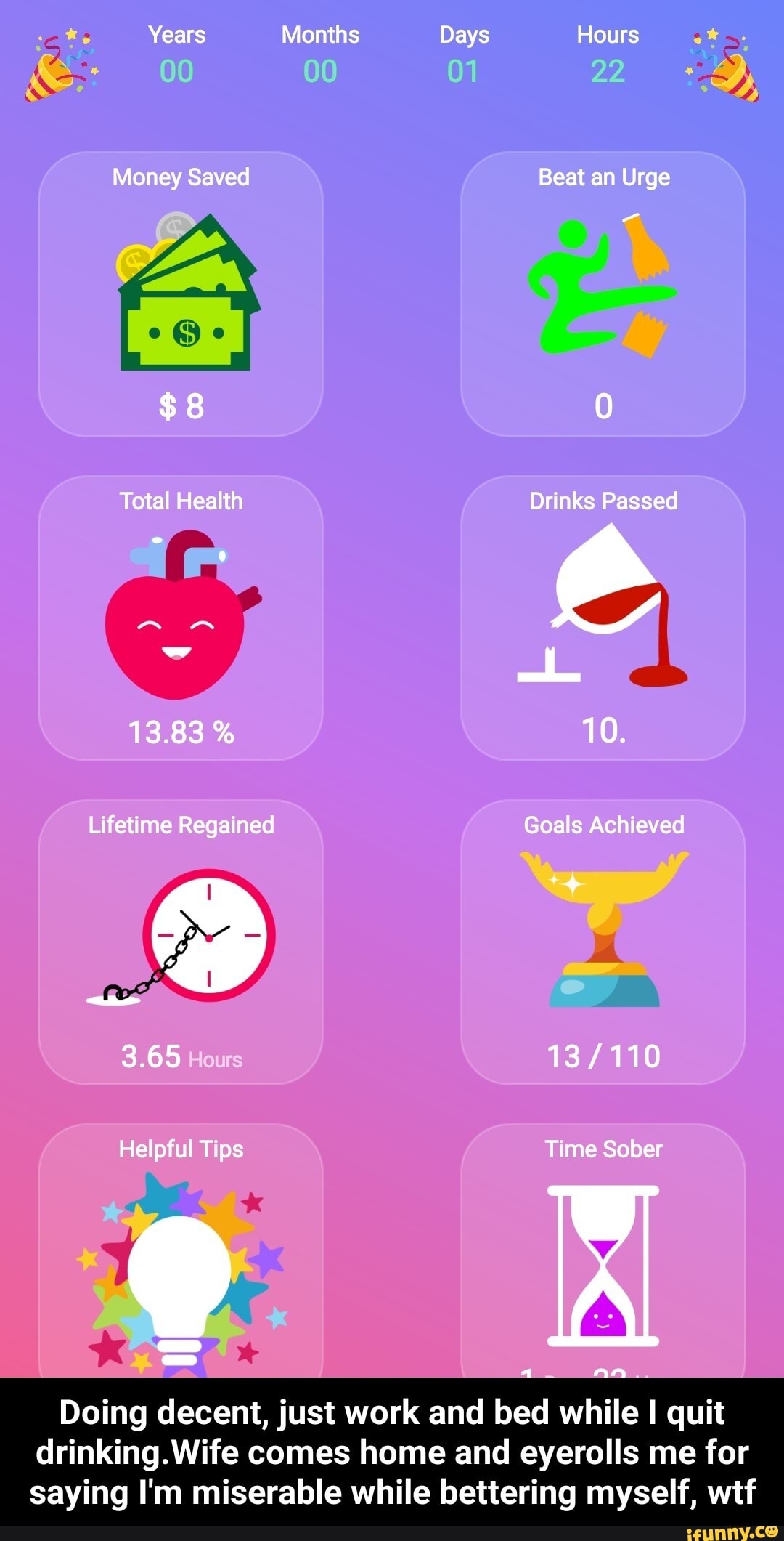 Years Months
Money Saved
$8
Total Healtn
13.83 %
Lifetime Regained
3.65 Hours
Helpful Tips
Days Hours
22 :
Beat an Urge
Drinks Passed
10.
Goals Achieved
Time Sober
AA.
Doing decent, just work and bed while I quit drinking. Witie comes home and eyerolls me for saying I'm miserable while bettering myself, wtf - Doing decent, just work and bed while I quit drinking.Wife comes home and eyerolls me for saying I'm miserable while bettering myself, wtf