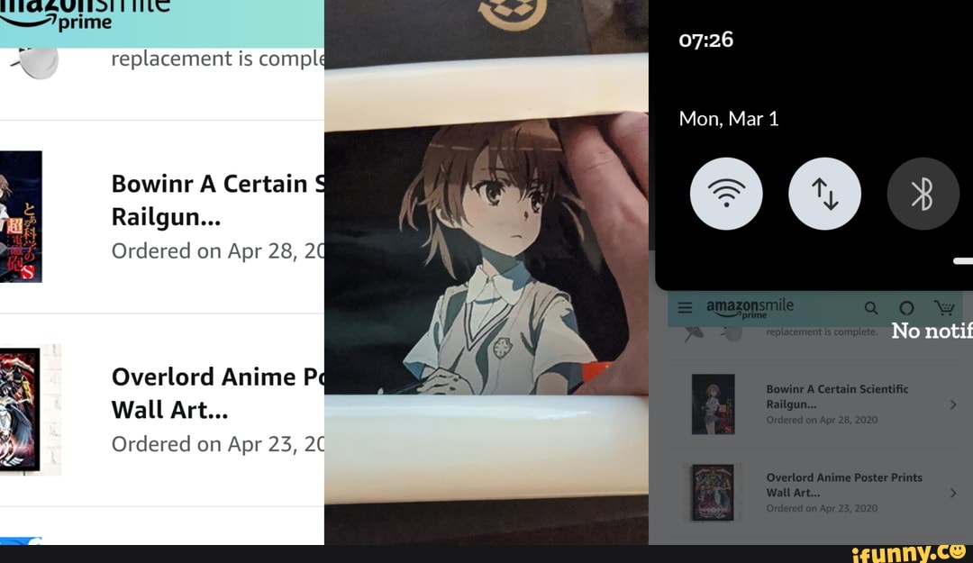 prime
replacement is comple
Mon, Mar 1
Bowinr A Certain
Railgun...
Ordered on Apr 28,
No notif
Ge
Overlerd An me Pestor mts
Overlord Anime Pe
Wall Art...
Ordered on Apr 23,