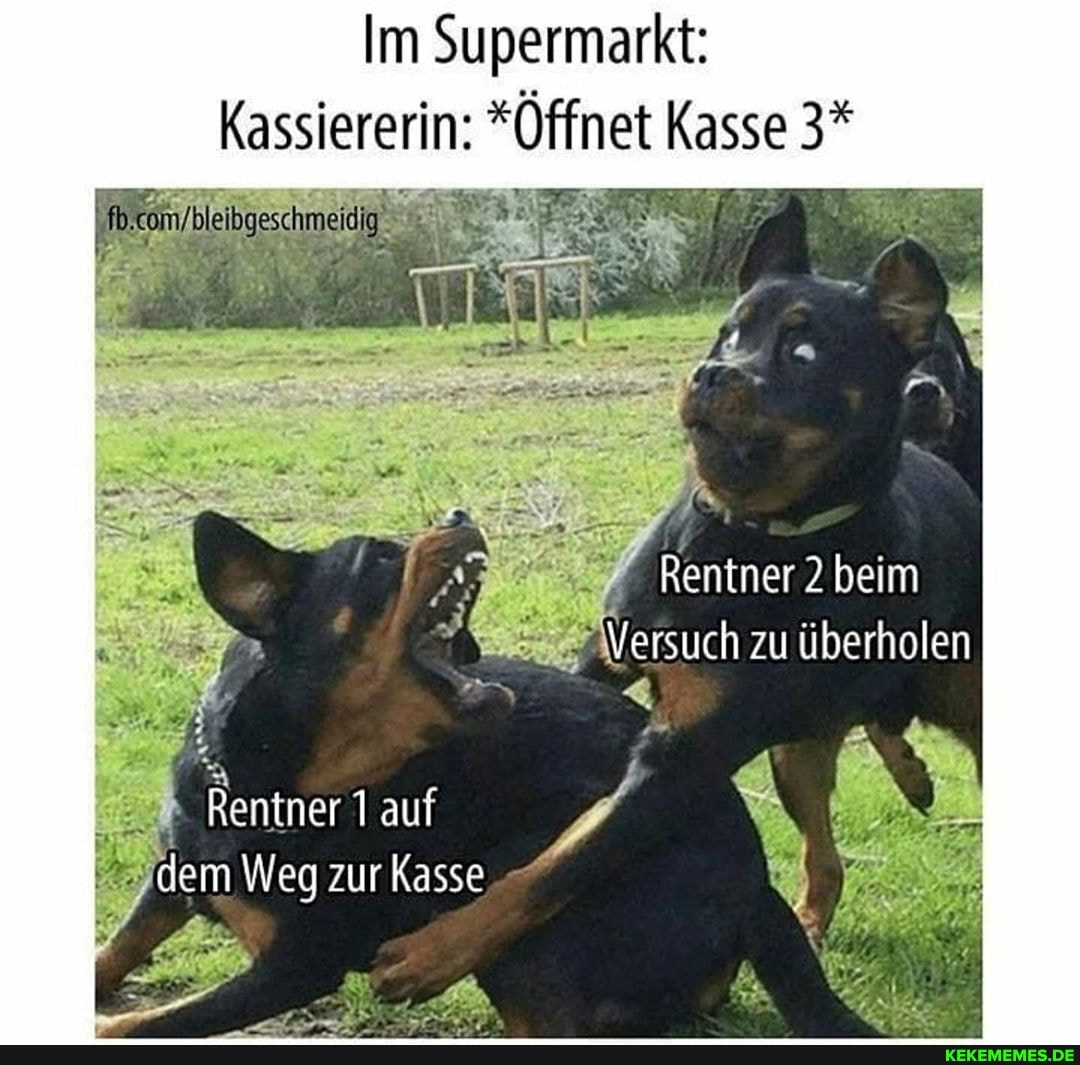 Im Supermarkt:
Kassiererin: "Öffnet Kasse 3*
eidig
er. Rentner zu 2 beim überholen
Versuch zu überholen
Rentner auf em Weg zur Kasse