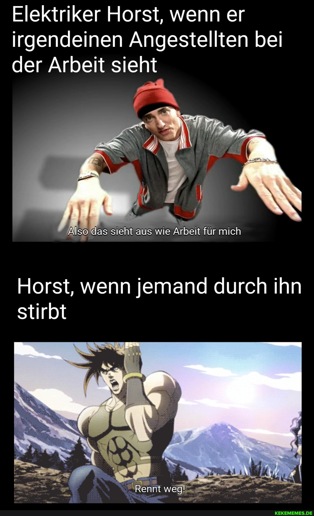 Elektriker Horst, wenn er irgendeinen Angestellten bei der Arbeit sieht
- NL
Also das sieht aus wie Arbeit für mich
Horst, wenn jemand durch ihn stirbt
Rennt weg!