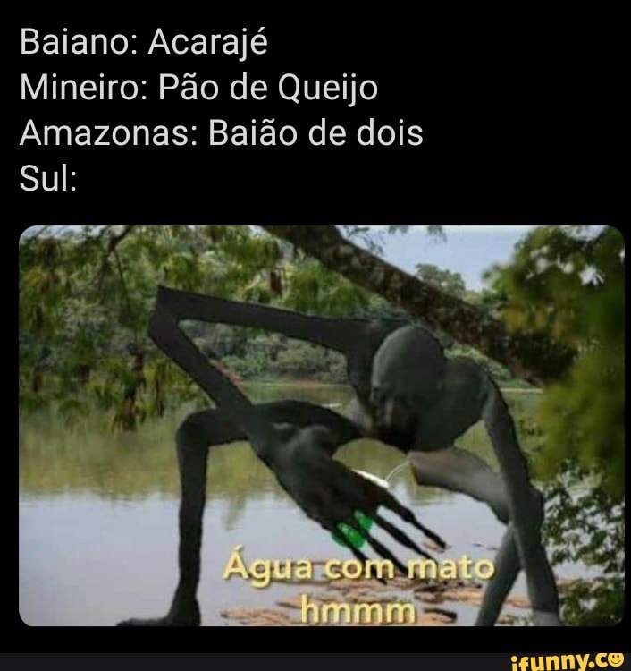 Baiano: Acarajé
Mineiro: Pão de Queijo
Amazonas: Baião de dois
Sul: