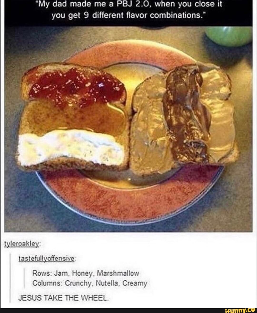 "My dad made me a PBJ 2.0, when you close it
you get 9 different flavor combinations."
tyleroakley
tastefullyoffensive
Rows: Jam, Honey, Marshmallow
Columns: Crunchy, Nutella, Creamy
JESUS TAKE THE WHEEL