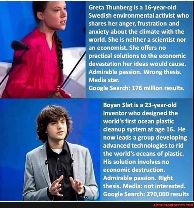 Greta Thunberg is a 16-year-old
Swedish environmental activist who shares her anger, frustration and anxiety about the climate with the world, She is neither a scientist nor an economist. She offers no
Boyan Slat is a 23-year-old fre inventor who designed the world's first ocean plastic cleanup system at age 16. He now leads a group developing advanced technologies to rid the world's oceans of plastic.
His solution involves no economic