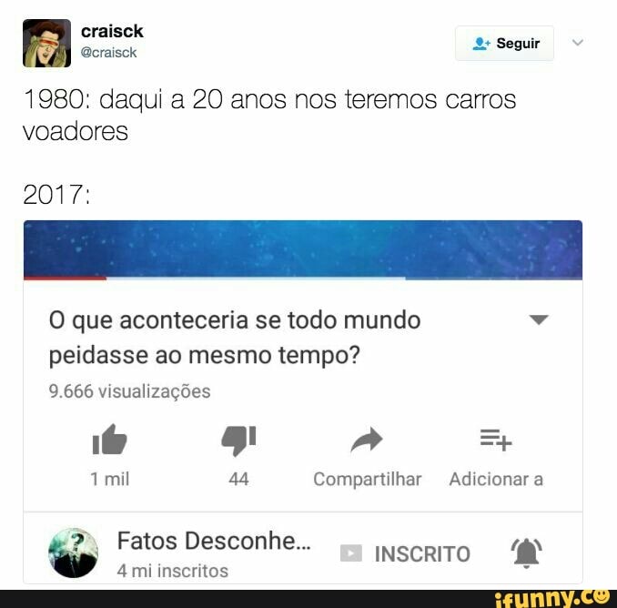 1980: daqui a 20 anos nos teremos carros
voadores
O que aconteceria se todo mundo v
peidasse ao mesmo tempo?
Fatos Desconhe...
4mi inscritos