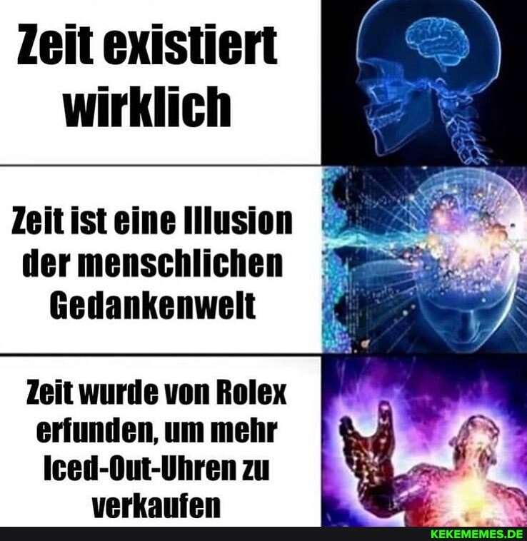 Zeit existiert wirklich
Zeit ist eine Illusion der menschlichen
Gedankenwelt
Zeit wurde von Rolex erfunden, um mehr
Iced-Out-Uhren zu verkaufen