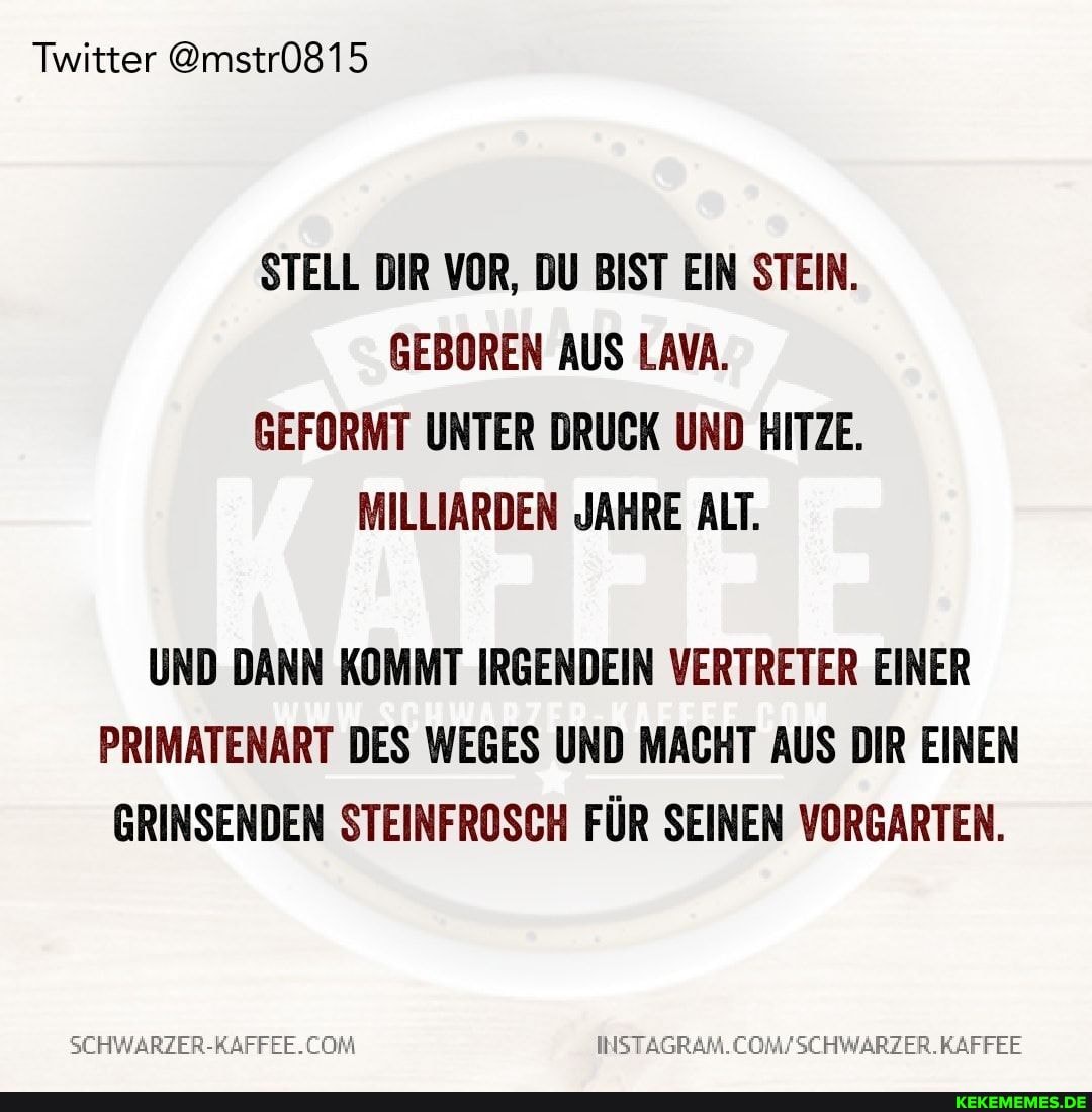 Twitter @mstr0815
STELL DIR VOR, DU BIST EIN STEIN.
GEBOREN AUS LAVA.
GEFORMT UNTER DRUCK UND HITZE.
MILLIARDEN JAHRE ALT.
UND DANN KOMMT IRGENDEIN VERTRETER EINER PRIMATENART DES WEGES UND MACHT AUS DIR EINEN GRINSENDEN STEINFROSCH FÜR SEINEN VORGARTEN.