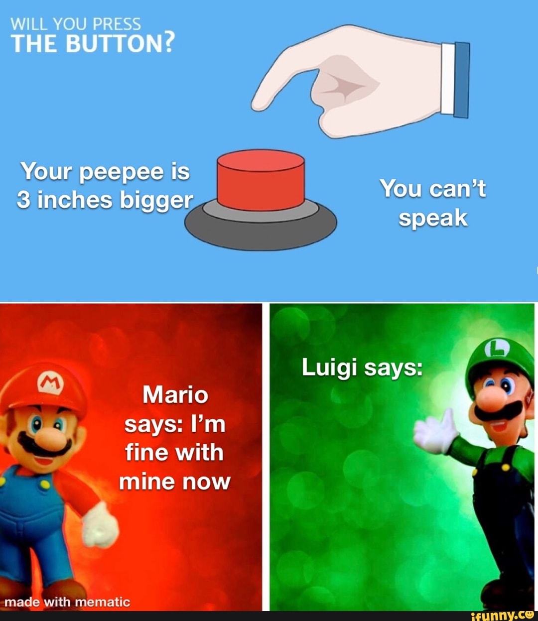 WILL YOU PRESS THE BUTTON? You get to beat your meat can't faster speak  Mario