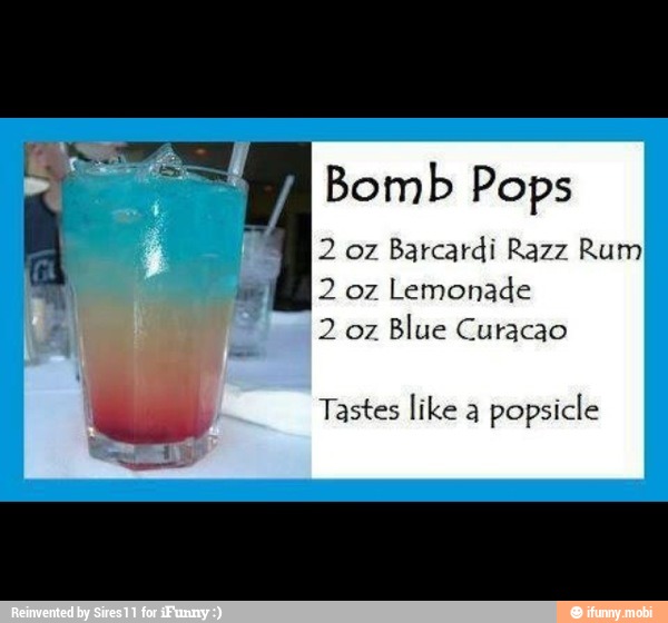 = Bomb Pops
2 oz
Barcardi Razz Rum
2 oz
Lemonade
2 oz
Blue Curacao
Le Tastes like a
popsicle