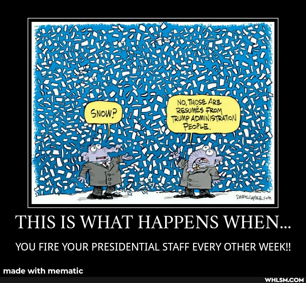 "At
No,
THIS IS WHAT HAPPENS WHEN...
YOU FIRE YOUR PRESIDENTIAL STAFF EVERY OTHER WEEK!!