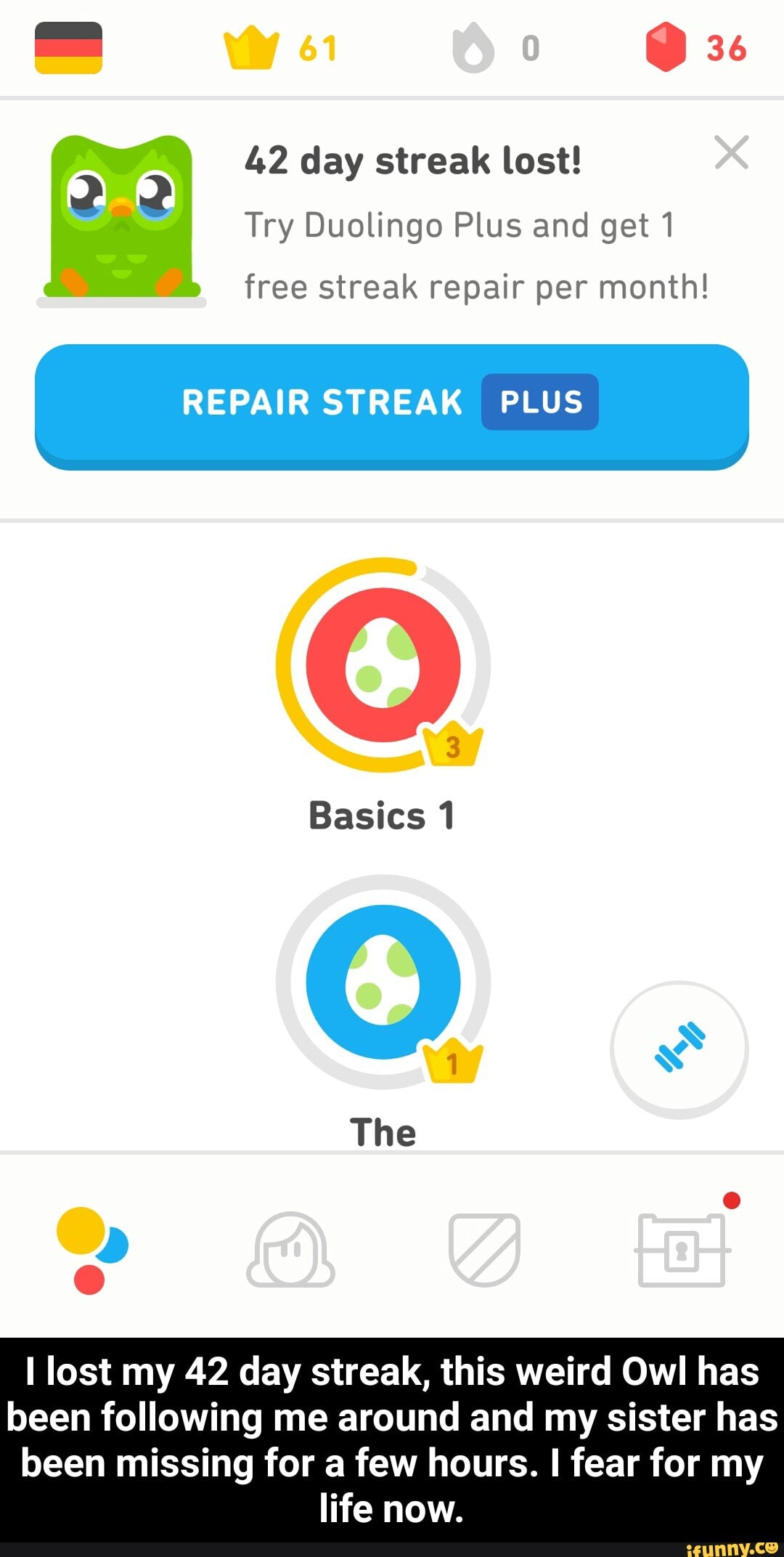 42 day streak lost! Try Duolingo Plus and get1 free streak repair per ...