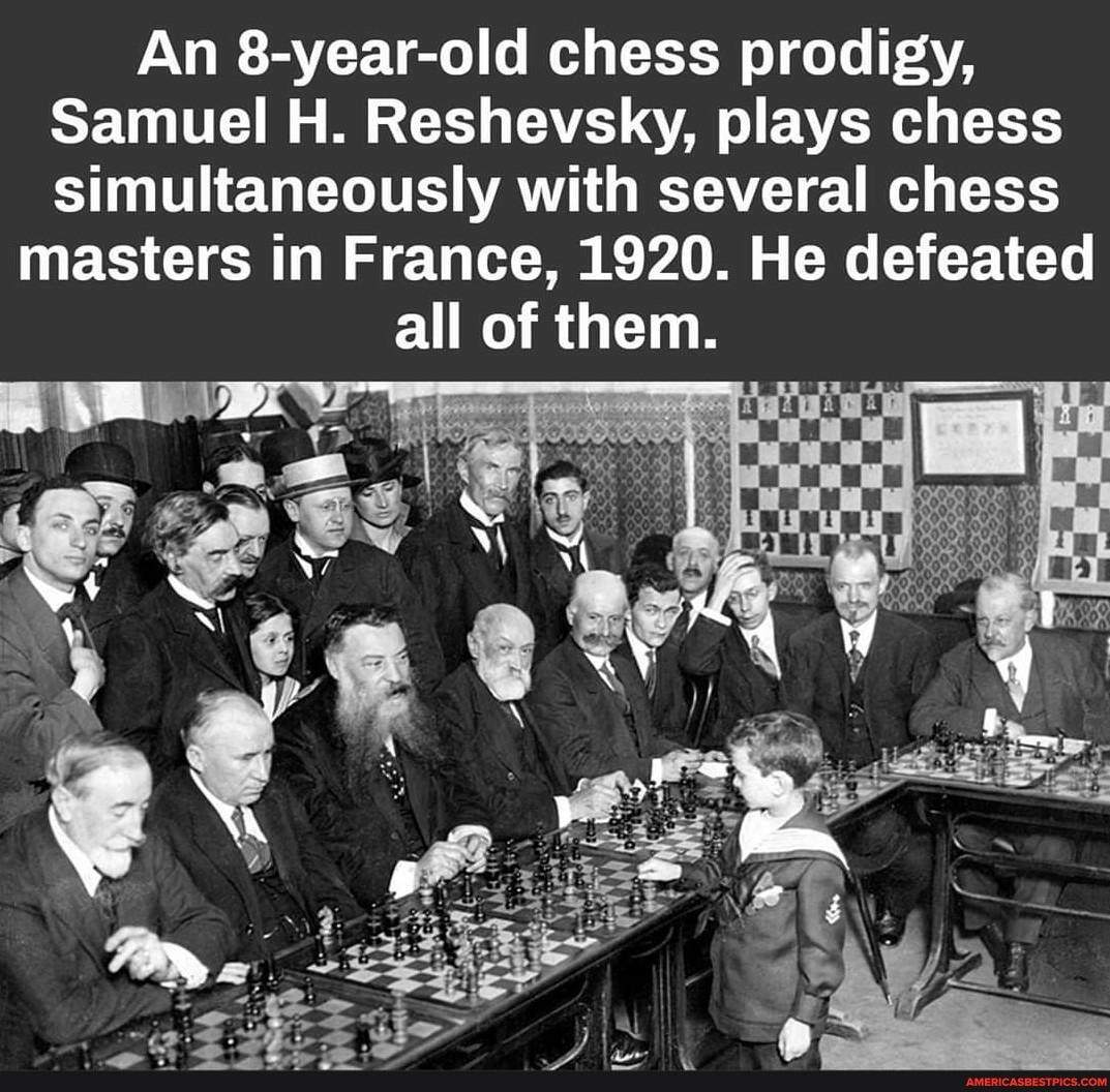 An 8-year-old chess prodigy,
Samuel H. Reshevsky, plays chess simultaneously with several chess
masters in France, 1920. He defeated all of them.