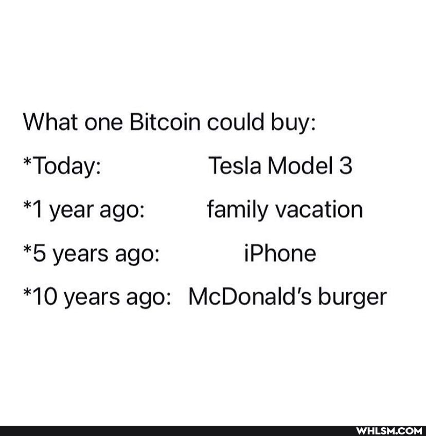 What one Bitcoin could buy:
*Today: Tesla Model 3
*1 year ago: family vacation
*5 years ago: iPhone
*10 years ago: McDonald's burger