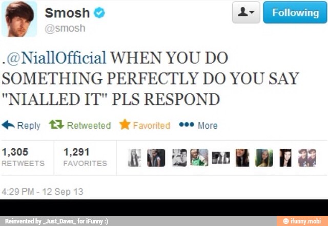 ed
.@NiallOfficial WHEN YOU DO
SOMETHING PERFECTLY DO YOU SAY
"NIALLED IT" PLS RESPOND