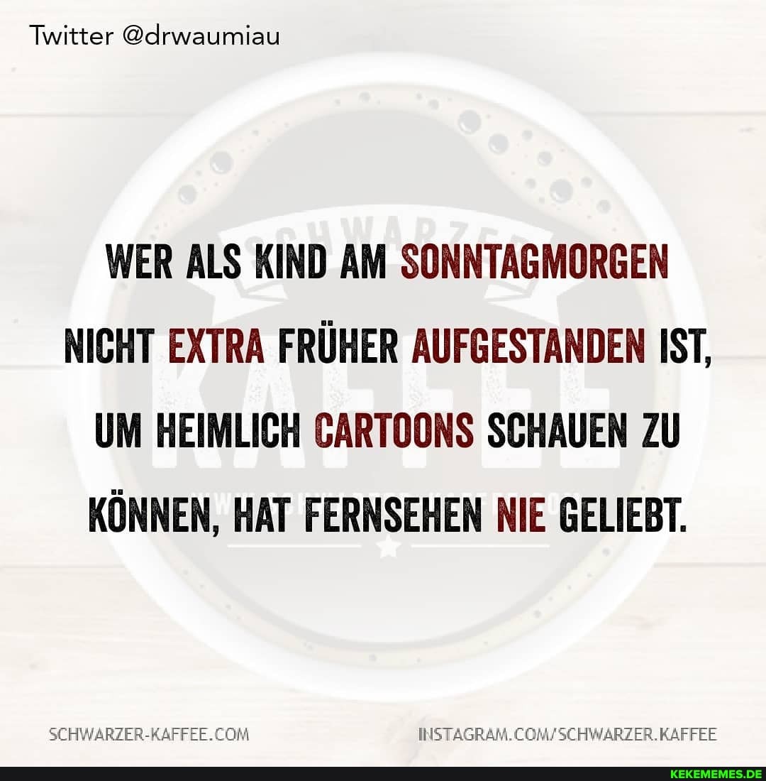 Twitter @drwaumiau
WER ALS KIND AM SONNTAGMORGEN NICHT EXTRA FRÜHER AUFGESTANDEN IST,
UM HEIMLICH GARTOONS SCHAUEN ZU KÖNNEN, HAT FERNSEHEN NIE GELIEBT.
SCHWARZER-KAFFEE.CON