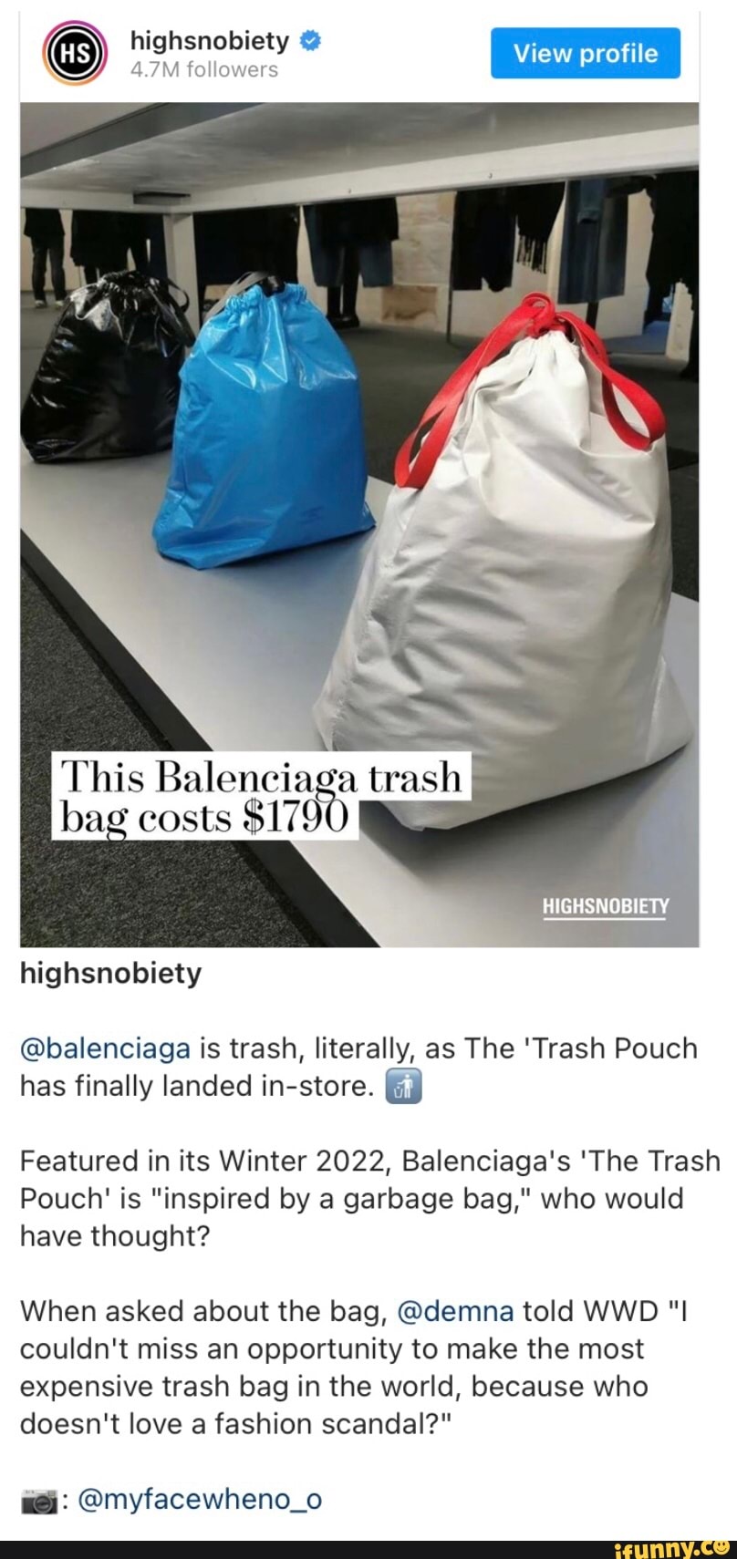Highsnobiety View profile 4.7M followers This Balenciaga trash bag costs  $179 TY highsnobiety @balenciaga is