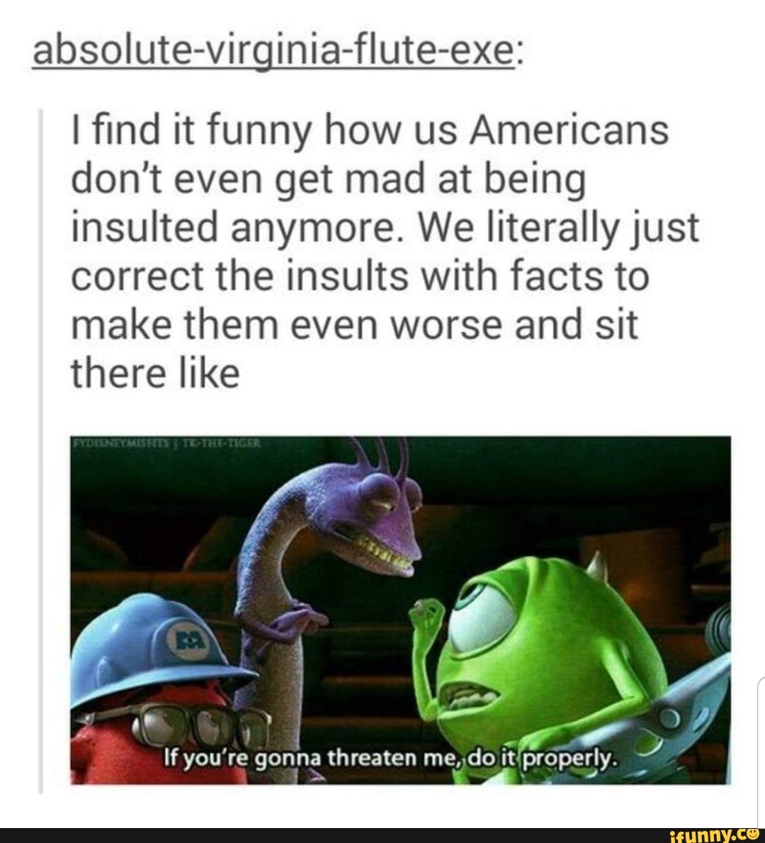 absolute-virginia-flute-exe;
I find it funny how us Americans
don’t even get mad at being
insulted anymore. We literallyjust
correct the insults with facts to
make them even worse and sit
there like