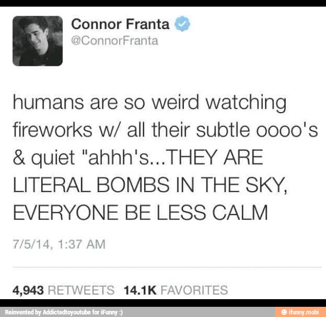 E Connor Franta
humans are so weird watching
fireworks w/ all their subtle 0000's
LITERAL BOMBS IN THE SKY,
EVERYONE BE LESS CALM