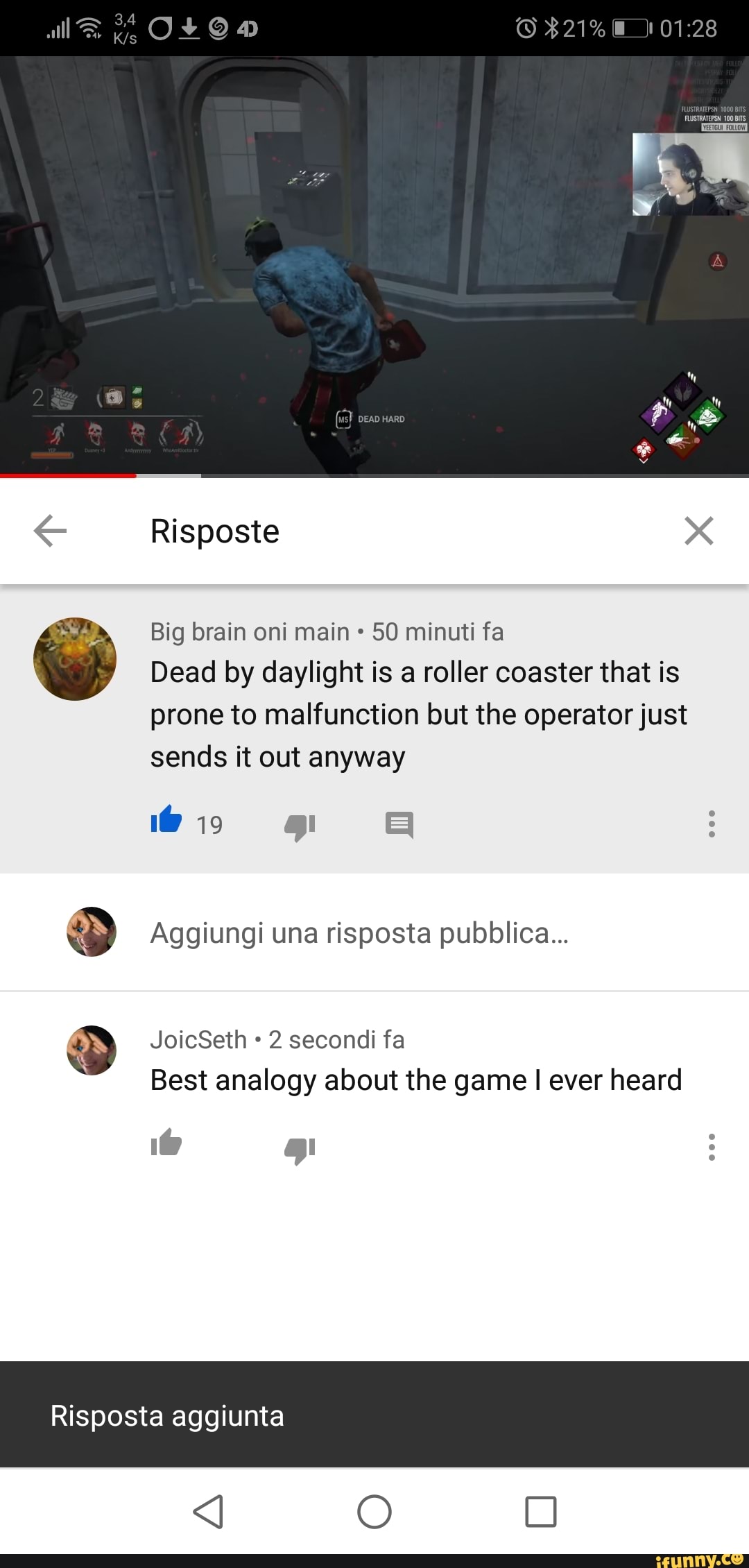 $21%
Risposte
Big brain oni main 50 minuti fa
Dead by daylight is a roller coaster that is prone to malfunction but the operator just sends it out anyway
Aggiungi una risposta pubblica...
JoicSeth 2 secondi fa
Best analogy about the game I ever heard
Risposta aggiunta