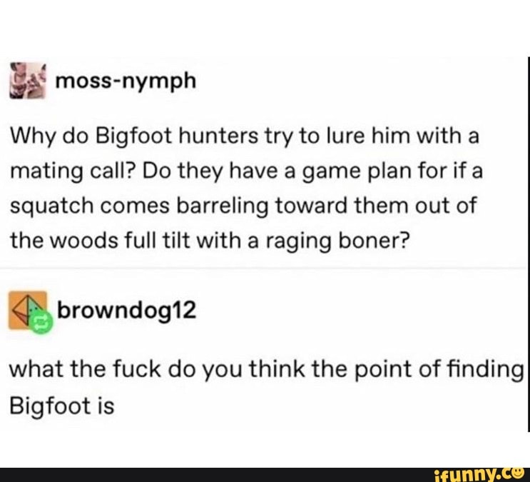 Why do Bigfoot hunters try to lure him with a
mating call? Do they have a game plan for if a
squatch comes barreling toward them out of
the woods full tilt with a raging boner?
what the fuck do you think the point of finding
Bigfoot is