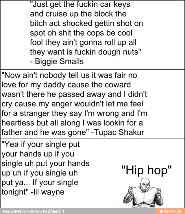 "Just get the fuckin car keys
and cruise up the block the
bitch act shocked gettin shot on
spot oh shit the cops be cool
fool they ain't gonna roll up all
they want is fuckin dough nuts"
Biggie Smalls
"Now ain't nobody tell us it was fair no
love for my daddy cause the coward
wasn't there he passed away and I didn't
cry cause my anger wouldn't let me feel
for a stranger they say I'm wrong and I'm
heartless but all along I was lookin for a
father and he was gone" -Tupac Shakur
"Yea if your single put
your hands up if you
single uh put your hands
up uh if you single uh
put ya... If your single om
tonight" -lil wayne