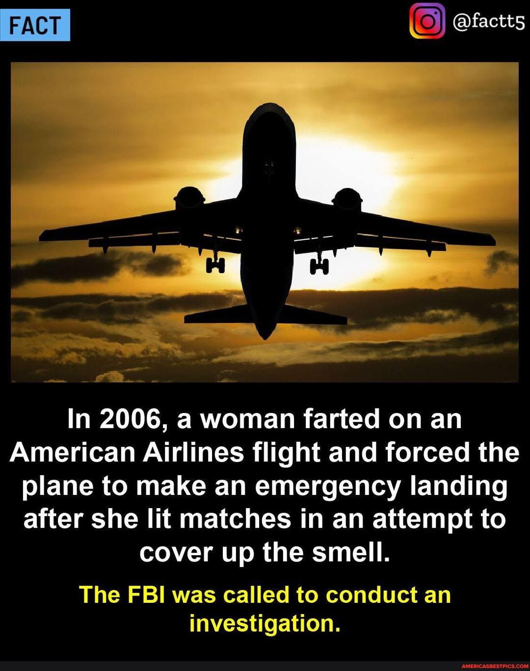 iS) @factts
In 2006, a woman farted on an
American Airlines flight and forced the plane to make an emergency landing after she lit matches in an attempt to cover up the smell.
The FBI was called to conduct an investigation.