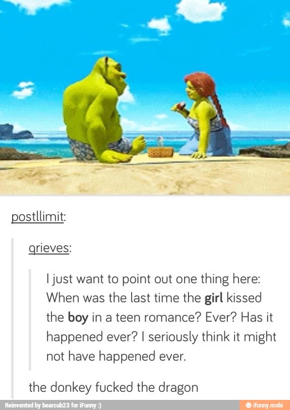 I just want to point out one
thing here:
When was
the last time the girl kissed
the boy in a teen romance? Ever? Has it
happened ever? I seriously think it might
not have happened ever.
the donkey fucked the dragon