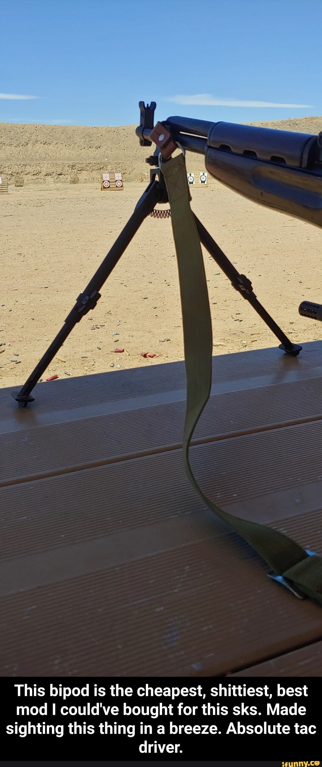 This bipod is the cheapest, shittiest, best mod I could've bought for this sks. Made sighting this thing in a breeze. Absolute tac driver.