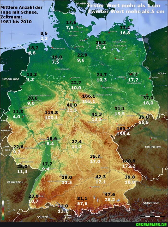 Mittlere Anzahl der age mit Schnee.
Zeitraui
1981 bis 2010
als em
ii, \ormanen,
POLEN NIEDERLANDE
TSCHECHIEN
11,4
FRANKREICH
ÖSTERREICH