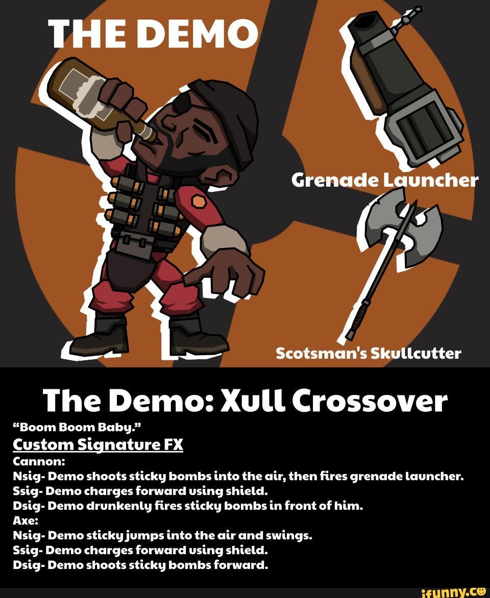 THE DEMO
Grenade Launcher
The Demo: Xull Crossover
"Boom Boom Baby."
Custom Signature FX
Cannon:
Nsig- Demo shoots sticky bombs into the air, then fires grenade Launcher.
Ssig- Demo charges forward using shield.
Dsig- Demo drunkenly fires sticky bombs in front of him.
Axe:
Nsig- Demo sticky jumps into the air and swings.
Ssig- Demo charges forward using shield.
Dsig- Demo shoots sticky bombs forward.