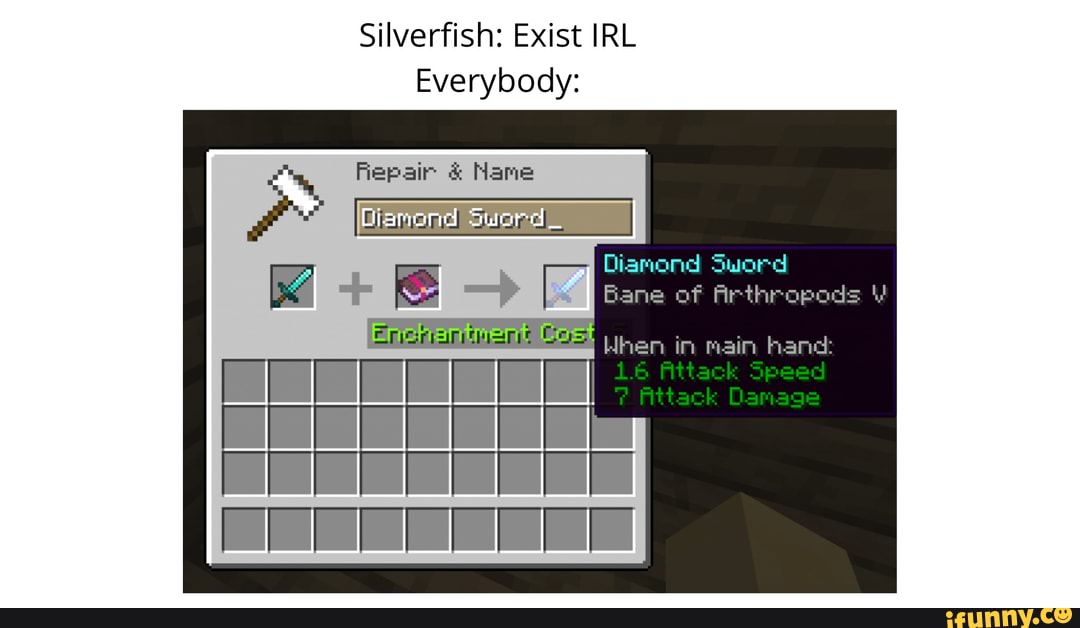 Silverfish Exist Irl Everybody Repair Name Diamond Sword Bane Of Arthropods When In Main Hamd Attack Speed Tack Damage Ifunny