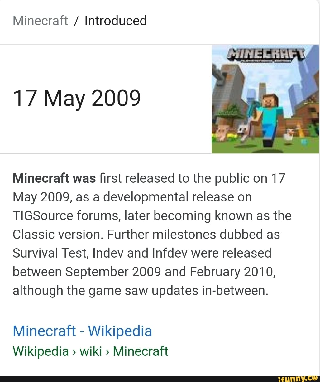 Minecraft Introduced 17 May 2009 Minecraft Was ï¬rst Released To The Public On 17 May 2009