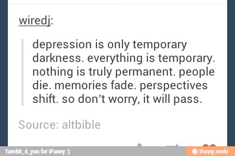 depression is only temporary
darkness. everything is temporary.
nothing is truly permanent. people
die. memories fade. perspectives
shift. so don't worry, it will pass.