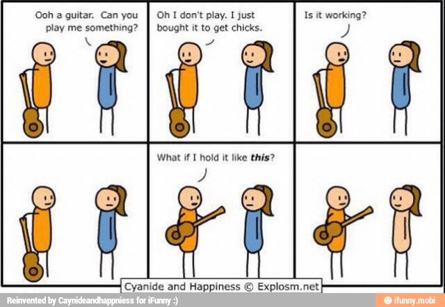 Ooh
a guitar. Can you
I Oh I don't play. I just
play me something?
I bought it to get chicks.
yanide and Happiness O Explosm.netI