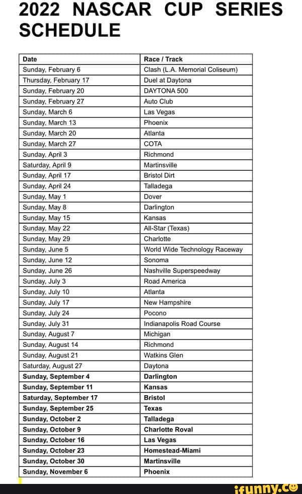 2022 NASCAR CUP SERIES SCHEDULE Date Race / Track Sunday, February 6 ...