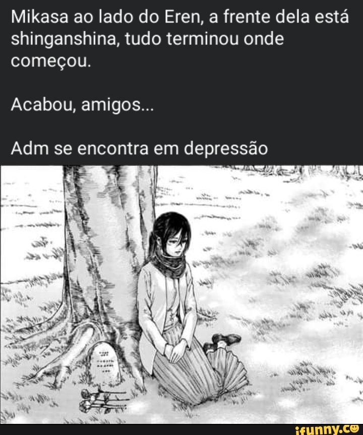 Mikasa ao lado do Eren, a frente dela está shinganshina, tudo terminou onde começou.
Acabou, amigos...
Adm se encontra em depressão