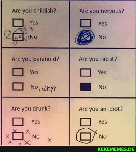Are you childish?
Yes
Are you paranoid?
0, why
Are you drunk? el A No x No
Are you nervous?
ves
No
Are you racist?
ves
I No
Are you an idiot?
ves
Ne