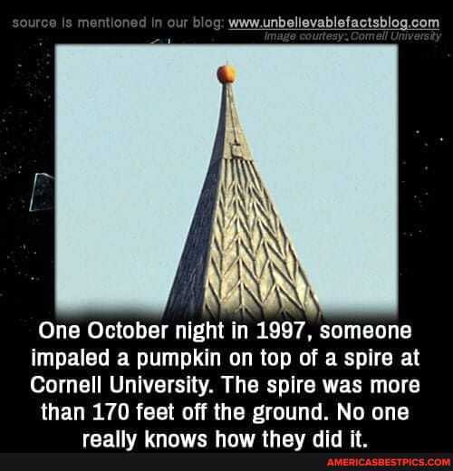 Is our
One October night in 1997, someone
impaled a pumpkin on top of a spire at
Cornell University. The spire was more than 170 feet off the ground. No one