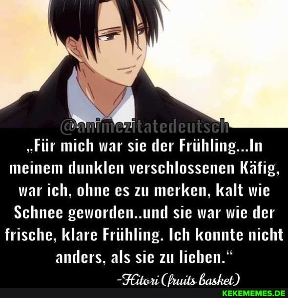 "Für mich war sie der Frühling...In meinem dunklen verschlossenen Käfig, war ich, ohne es zu merken, kalt wie
Schnee geworden..und sie war wie der frische, klare Frühling. Ich konnte nicht
anders, als sie zu lieben."