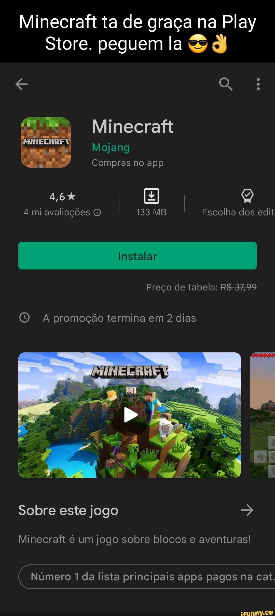 Minecraft ta de graça na Play Store. peguem la Minecrafi Mojang Compras ...