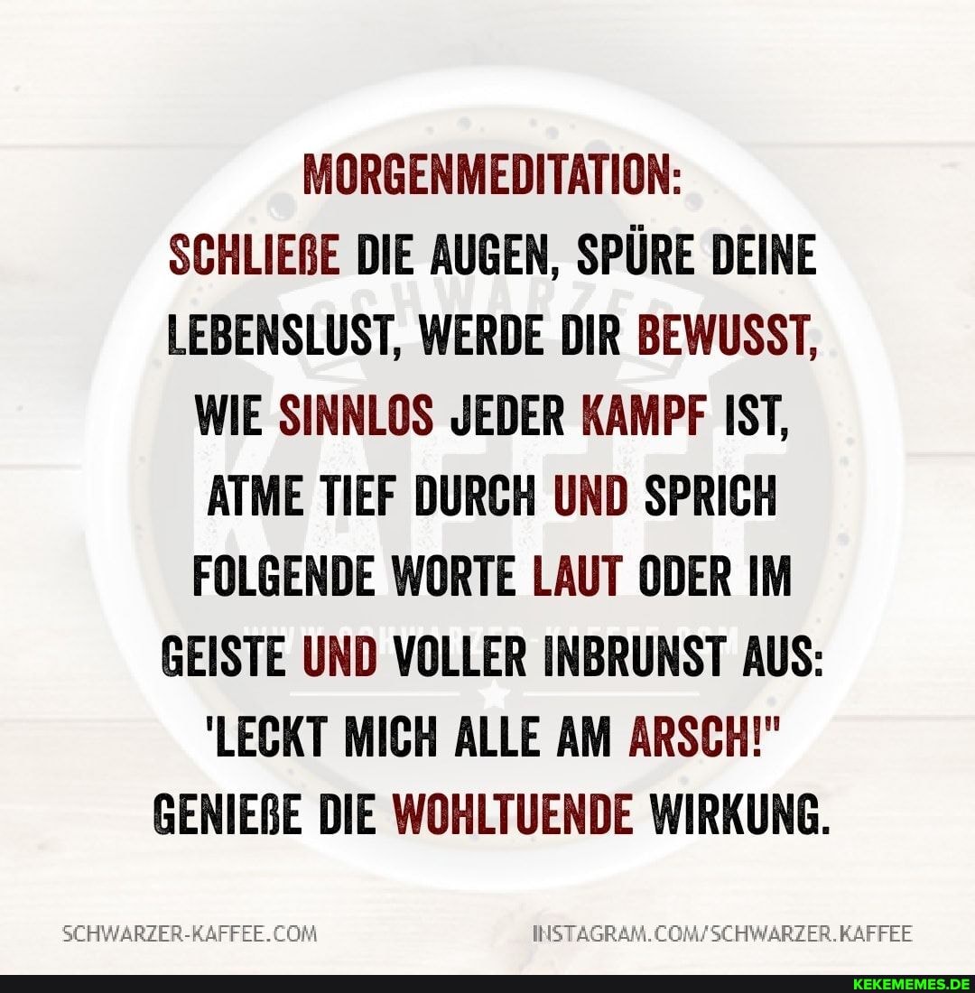 MORGENMEDITATION:
SCHLIERE DIE AUGEN, SPÜRE DEINE LEBENSLUST, WERDE DIR BEWUSST,
WIE SINNLOS JEDER KAMPF IST,
ATME TIEF DURCH UND SPRICH FOLGENDE WORTE LAUT ODER IM GEISTE UND VOLLER INBRUNST AUS:
'LECKT MICH ALLE AM ARSCH!"
GENIERE DIE WOHLTUENDE WIRKUNG.
SEHWARZER-RAFFEE.
