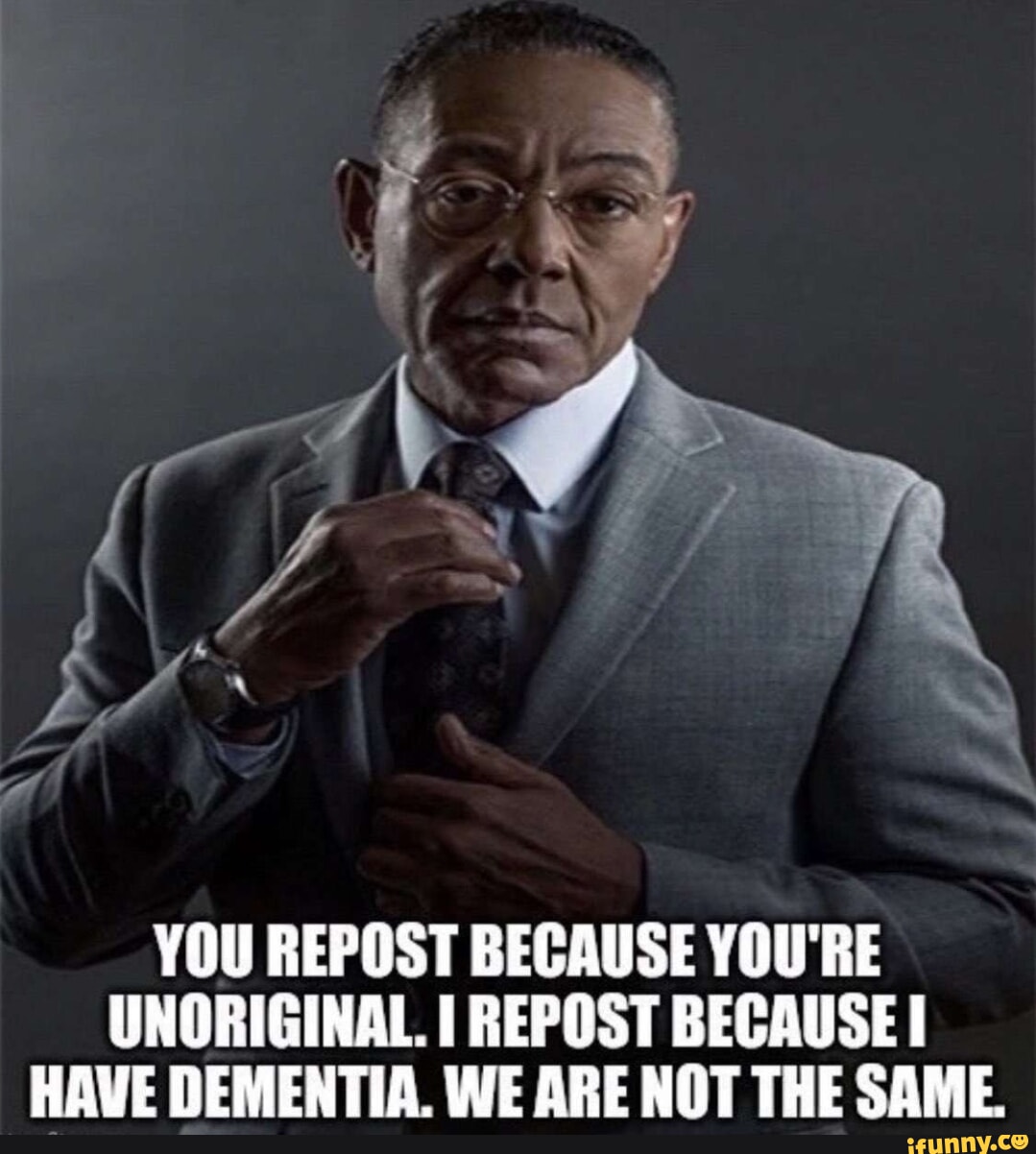 YOU REPOST BECAUSE YOU'RE UNORIGINAL. I REPOST BECAUSE I HAVE DEMENTIA. WE  ARE NOT THE SAME. - iFunny, image size:1079x1202