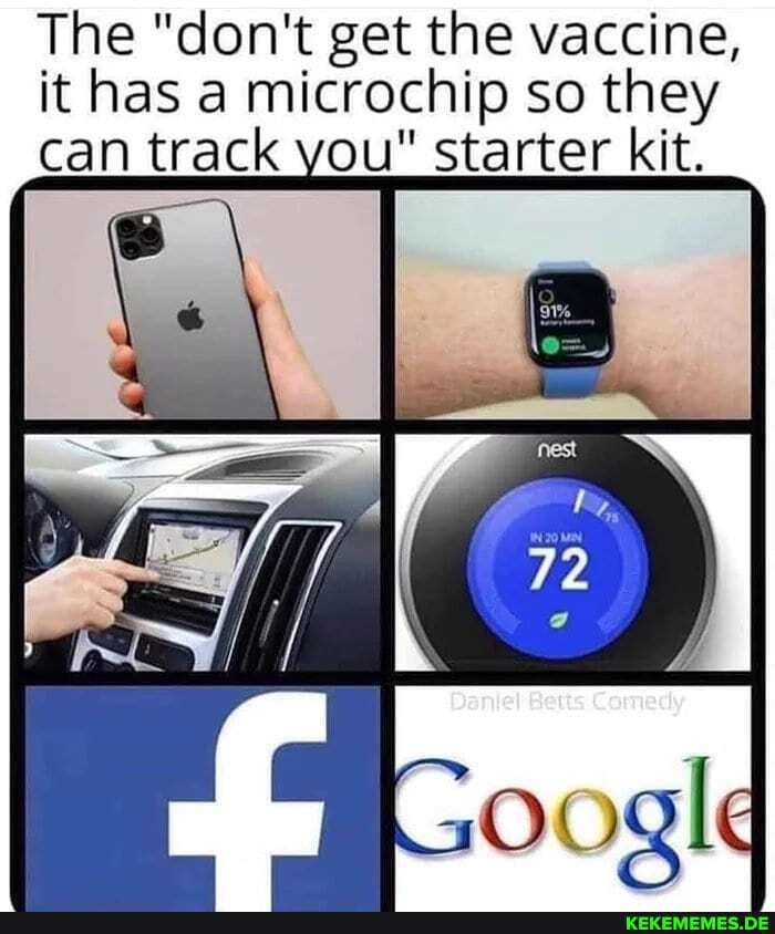 The "don't get the vaccine,
it has a micro can track you starter kit.
chip so they track " starter kit.
Google