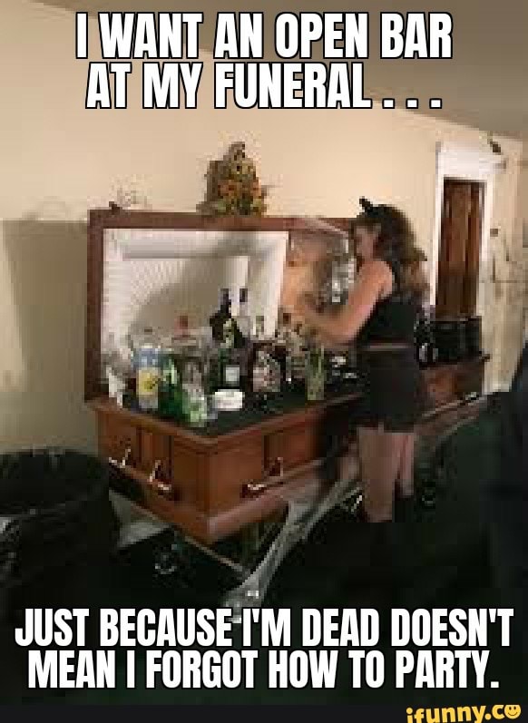 I WANT AN OPEN BAR AT MY FUNERAL . . .
JUST BECAUSE I'M DEAD DOESN'T MEAN I FORGOT HOW TO PARTY.